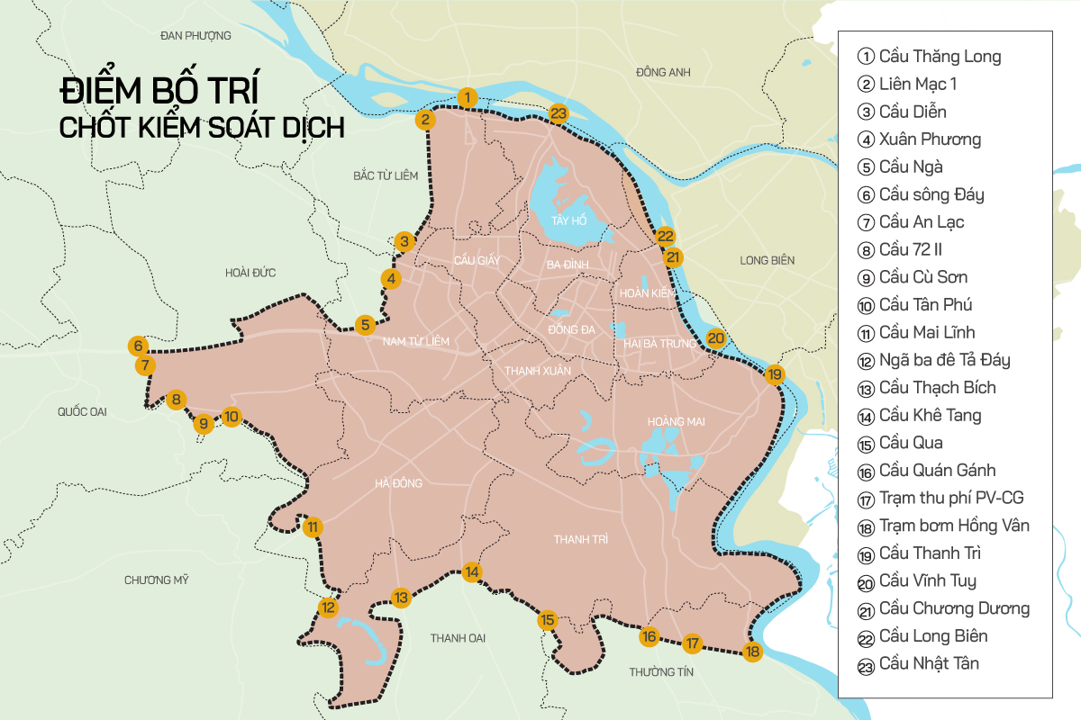 Vị trí 23 chốt cửa ngõ Hà Nội. Đồ hoạ: Tiến Thành